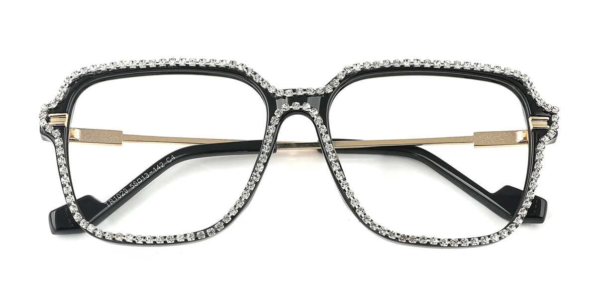Black Rectangle Unique Gorgeous Rhinestone  Eyeglasses | WhereLight