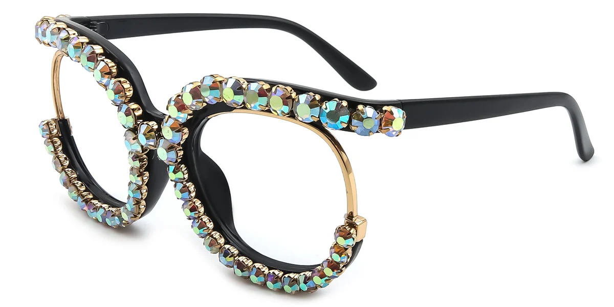 Black Round Irregular Unique Gorgeous Rhinestone Custom Engraving Sunglasses | WhereLight