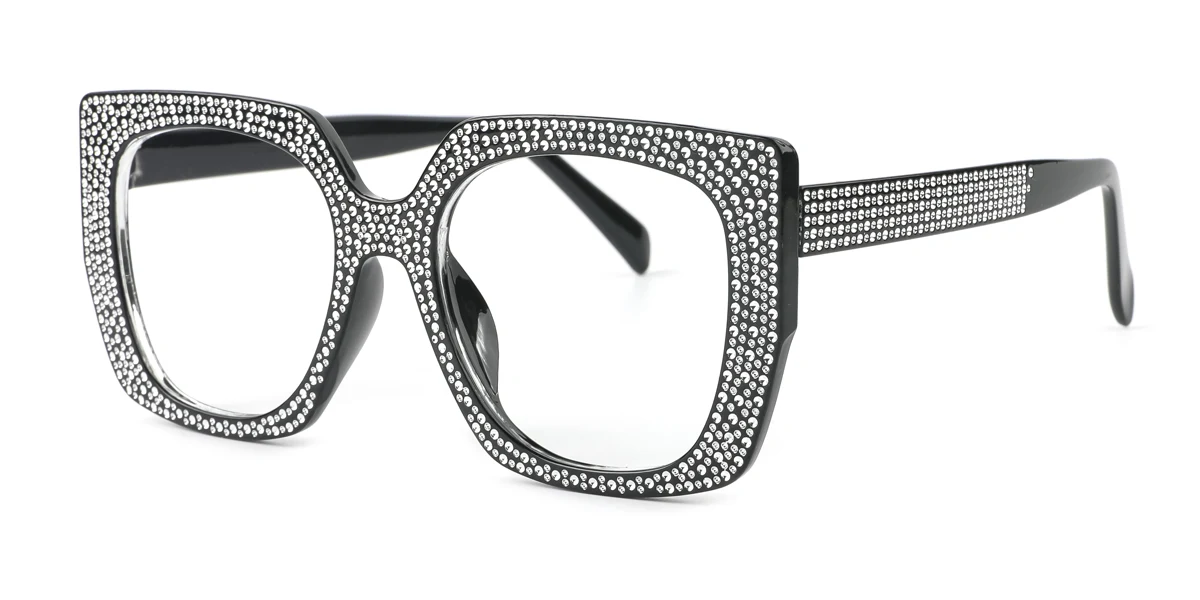 Black Rectangle Gorgeous Rhinestone Custom Engraving Eyeglasses | WhereLight