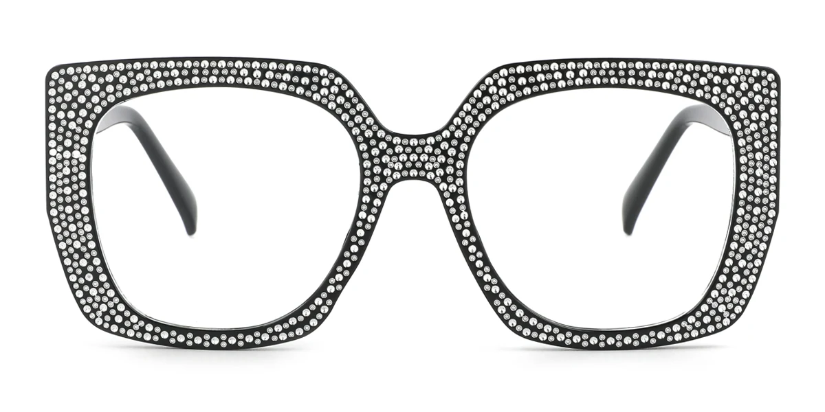 Black Rectangle Gorgeous Rhinestone Custom Engraving Eyeglasses | WhereLight