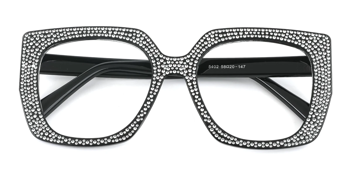 Black Rectangle Gorgeous Rhinestone Custom Engraving Eyeglasses | WhereLight
