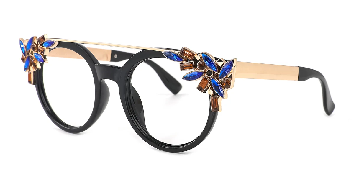 Black Cateye Round Oval Unique Gorgeous Rhinestone Custom Engraving Eyeglasses | WhereLight