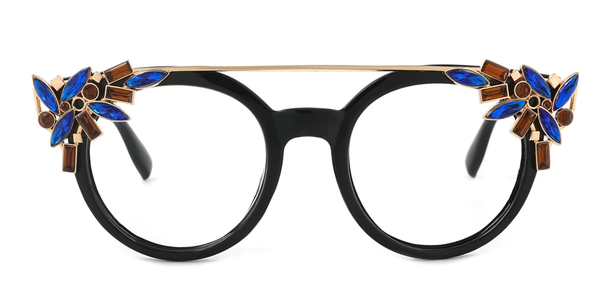 Black Cateye Round Oval Unique Gorgeous Rhinestone Custom Engraving Eyeglasses | WhereLight