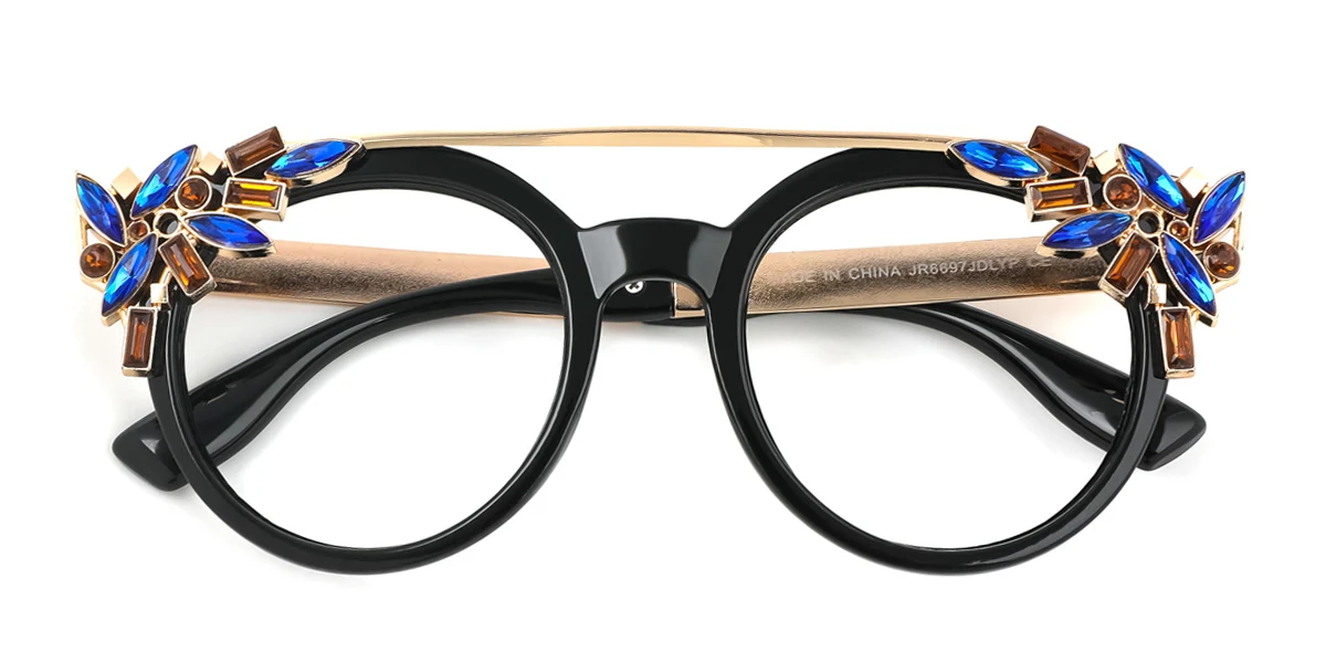 Black Cateye Round Oval Unique Gorgeous Rhinestone Custom Engraving Eyeglasses | WhereLight