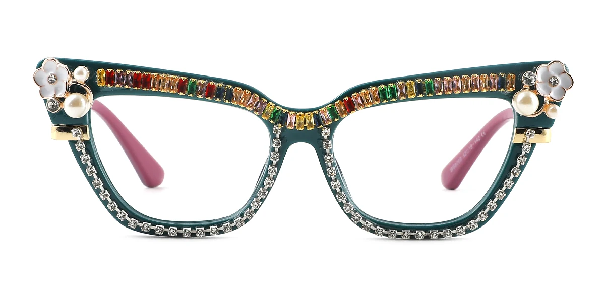 Green Cateye Unique Gorgeous Rhinestone Custom Engraving Eyeglasses | WhereLight