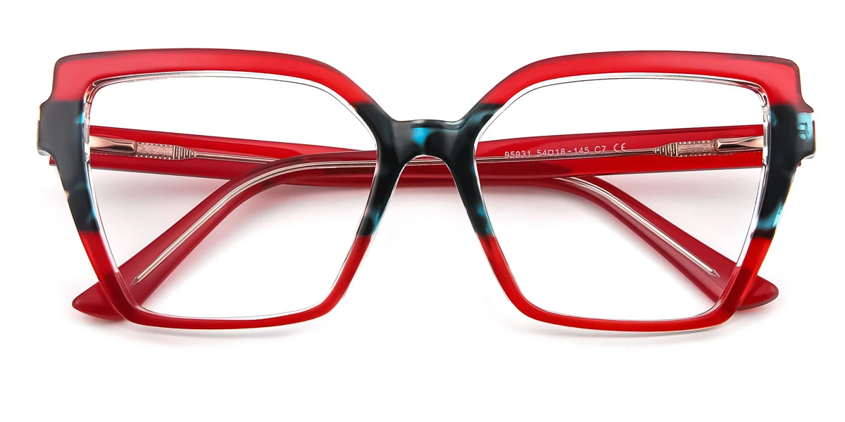 Red Cateye Geometric Unique Spring Hinges Custom Engraving Eyeglasses | WhereLight