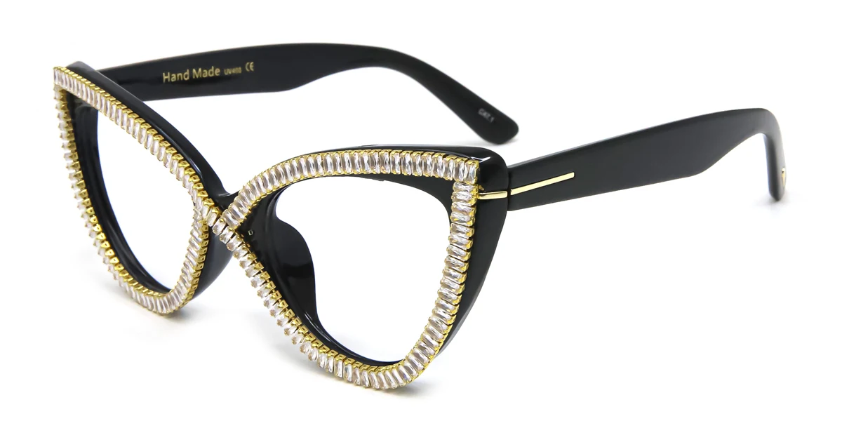 Black Cateye Irregular Classic Retro Unique Gorgeous Rhinestone Custom Engraving Eyeglasses | WhereLight