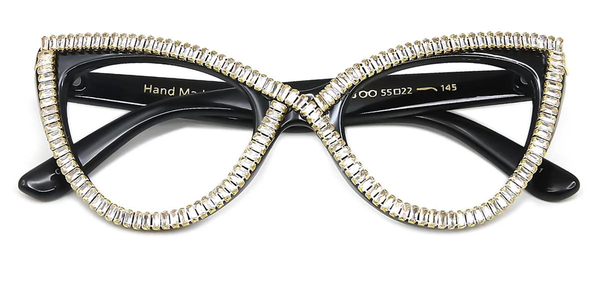 Black Cateye Irregular Classic Retro Unique Gorgeous Rhinestone Custom Engraving Eyeglasses | WhereLight