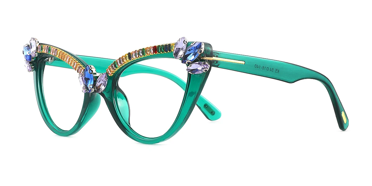 Green Cateye Gorgeous Rhinestone Custom Engraving Eyeglasses | WhereLight