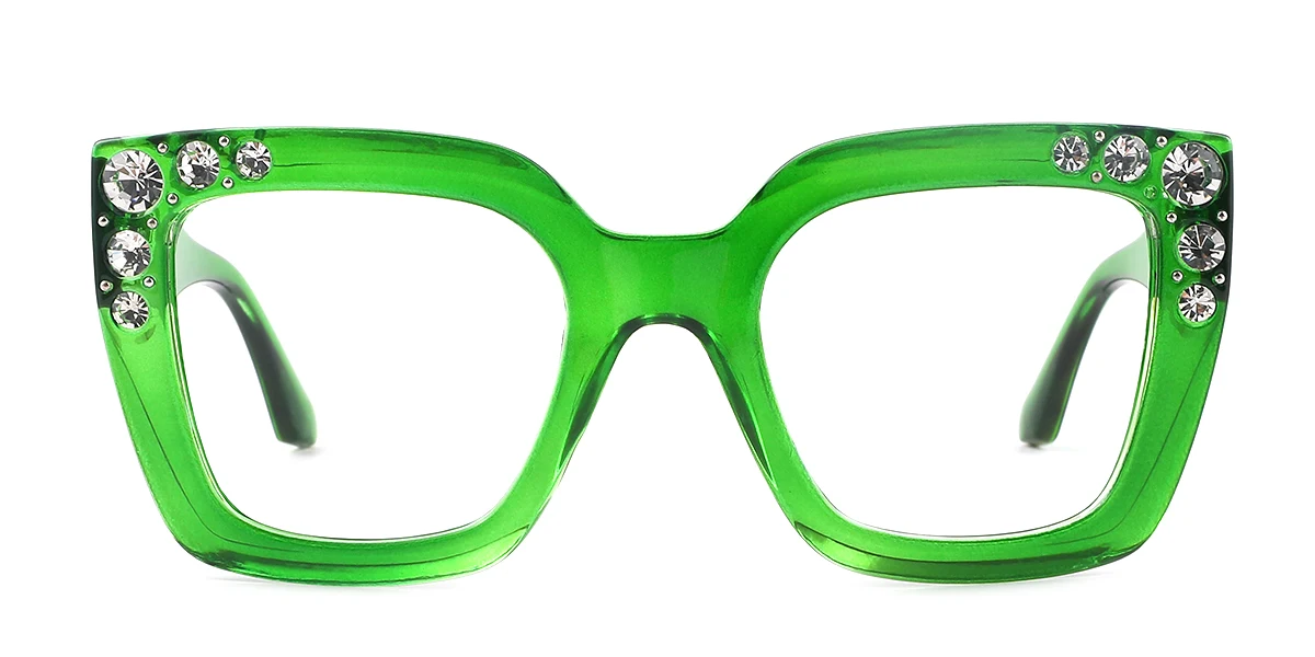 Green Rectangle Rhinestone Custom Engraving Eyeglasses | WhereLight