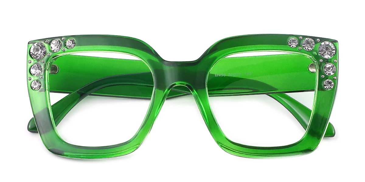 Green Rectangle Rhinestone Custom Engraving Eyeglasses | WhereLight