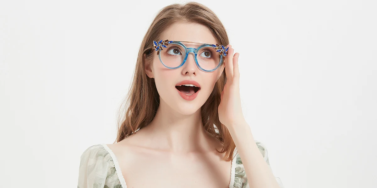 Blue Cateye Round Oval Unique Gorgeous Rhinestone Custom Engraving Eyeglasses | WhereLight
