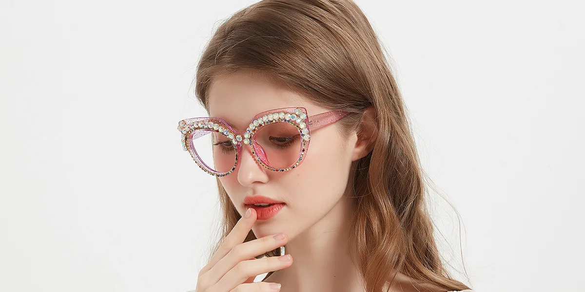Pink Cateye Oval Unique Gorgeous Rhinestone Custom Engraving Eyeglasses | WhereLight