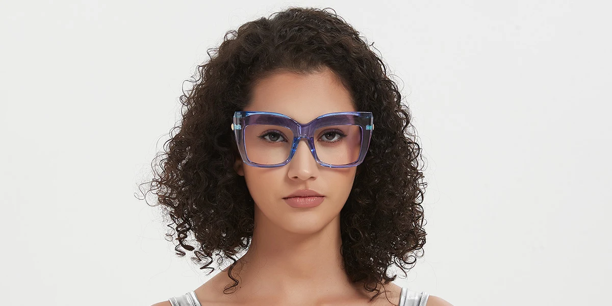 Blue Cateye Rectangle Unique Gorgeous Custom Engraving Eyeglasses | WhereLight