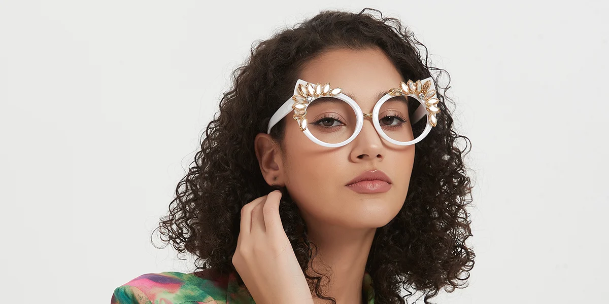 White Cateye Unique Gorgeous Rhinestone Custom Engraving Eyeglasses | WhereLight