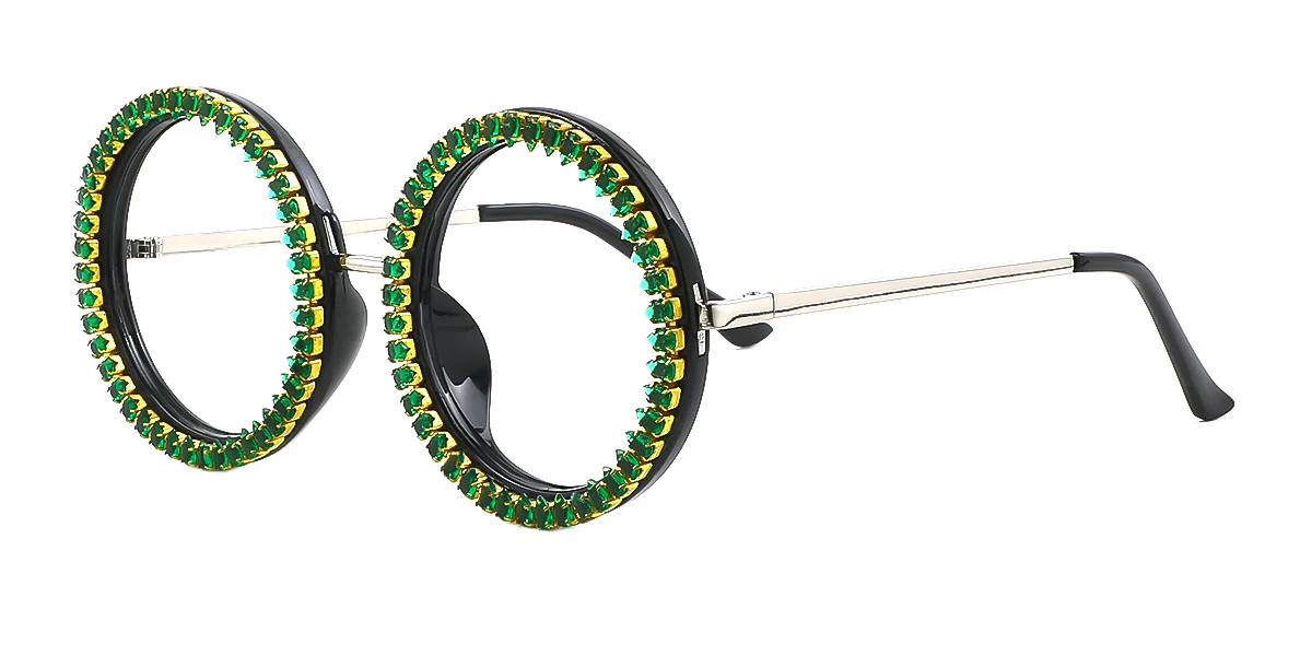 Green Round Gorgeous Rhinestone Custom Engraving Eyeglasses | WhereLight