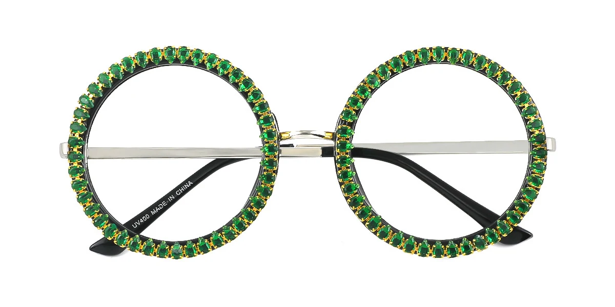 Green Round Gorgeous Rhinestone Custom Engraving Eyeglasses | WhereLight