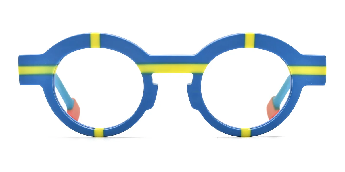 Blue Round Simple Classic Floral Acetate Custom Engraving Eyeglasses | WhereLight