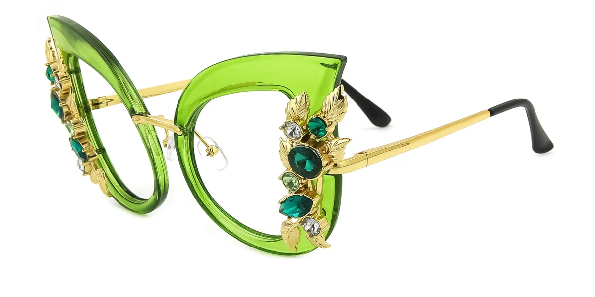 Green Cateye Butterfly Unique Gorgeous Rhinestone Spring Hinges Custom Engraving Eyeglasses | WhereLight