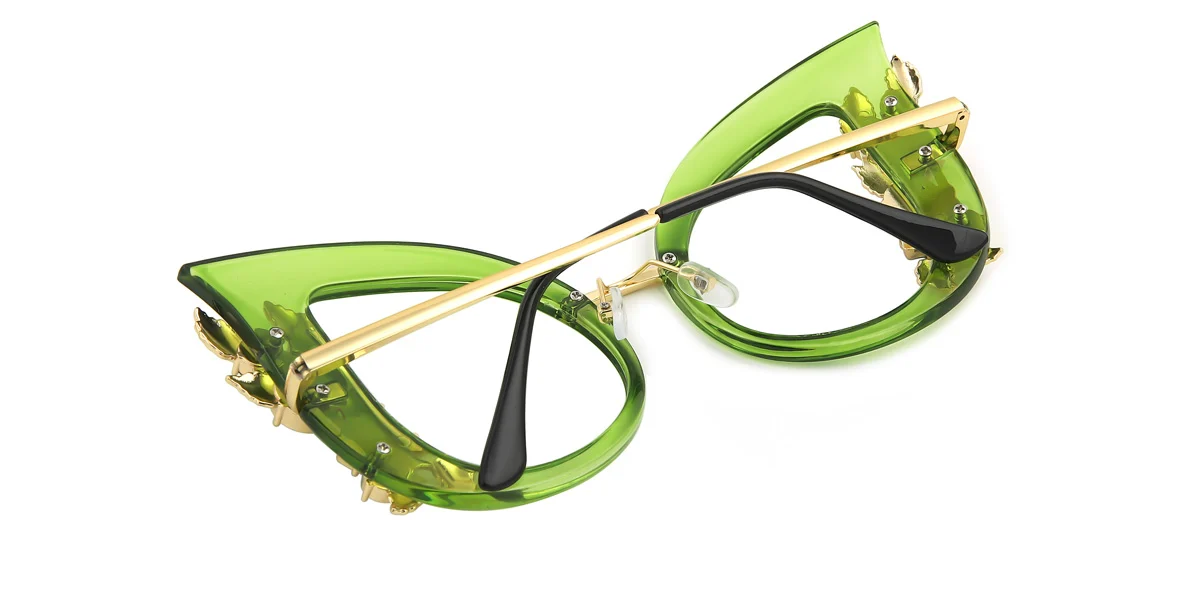 Green Cateye Butterfly Unique Gorgeous Rhinestone Spring Hinges Custom Engraving Eyeglasses | WhereLight