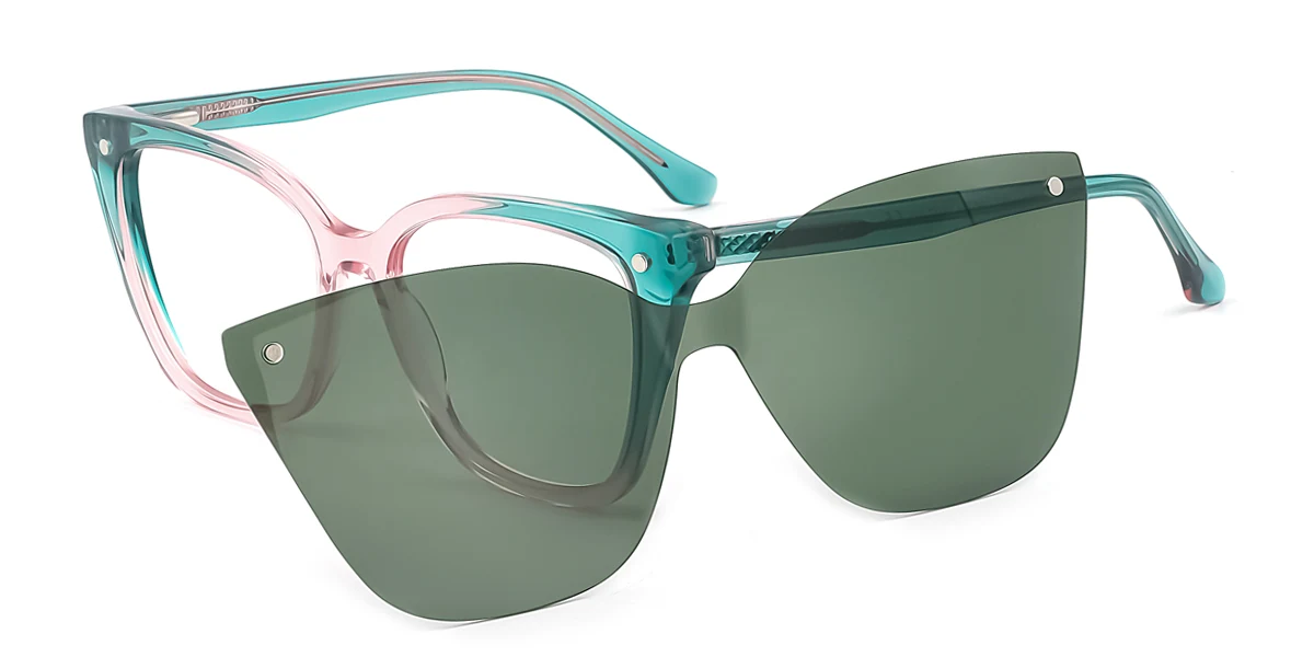 Green Cateye Rectangle Retro Gorgeous Spring Hinges Clip-on Eyeglasses | WhereLight