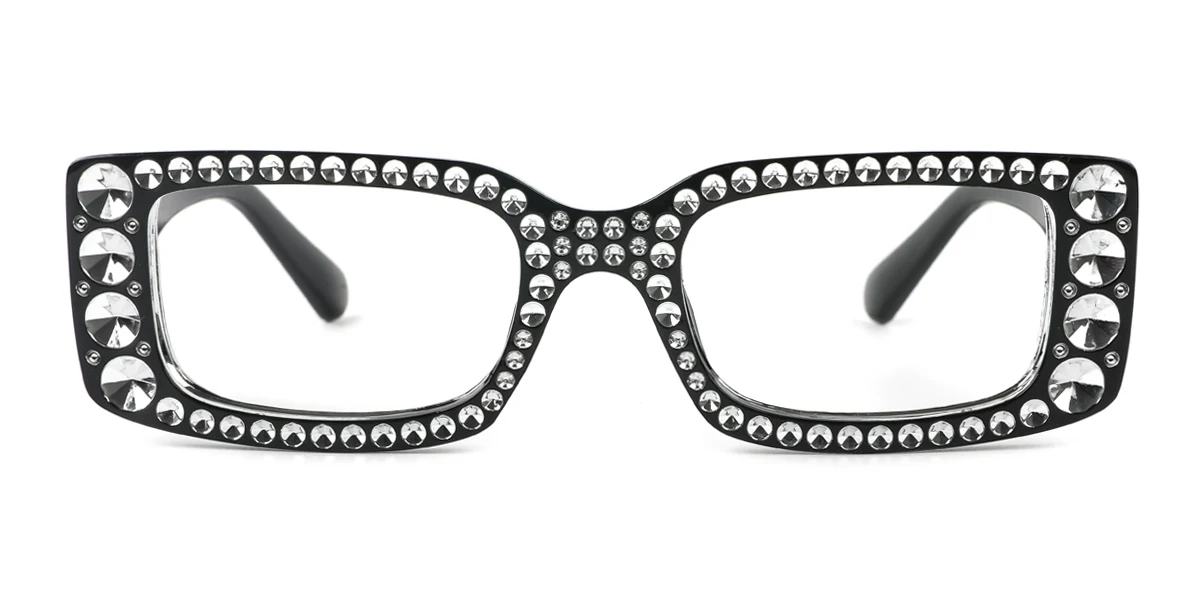 Black Rectangle Gorgeous Rhinestone Custom Engraving Eyeglasses | WhereLight