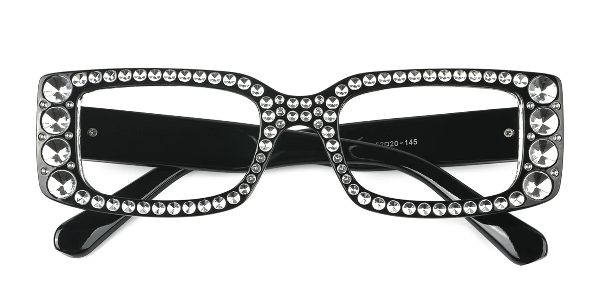 Black Rectangle Gorgeous Rhinestone Custom Engraving Eyeglasses | WhereLight
