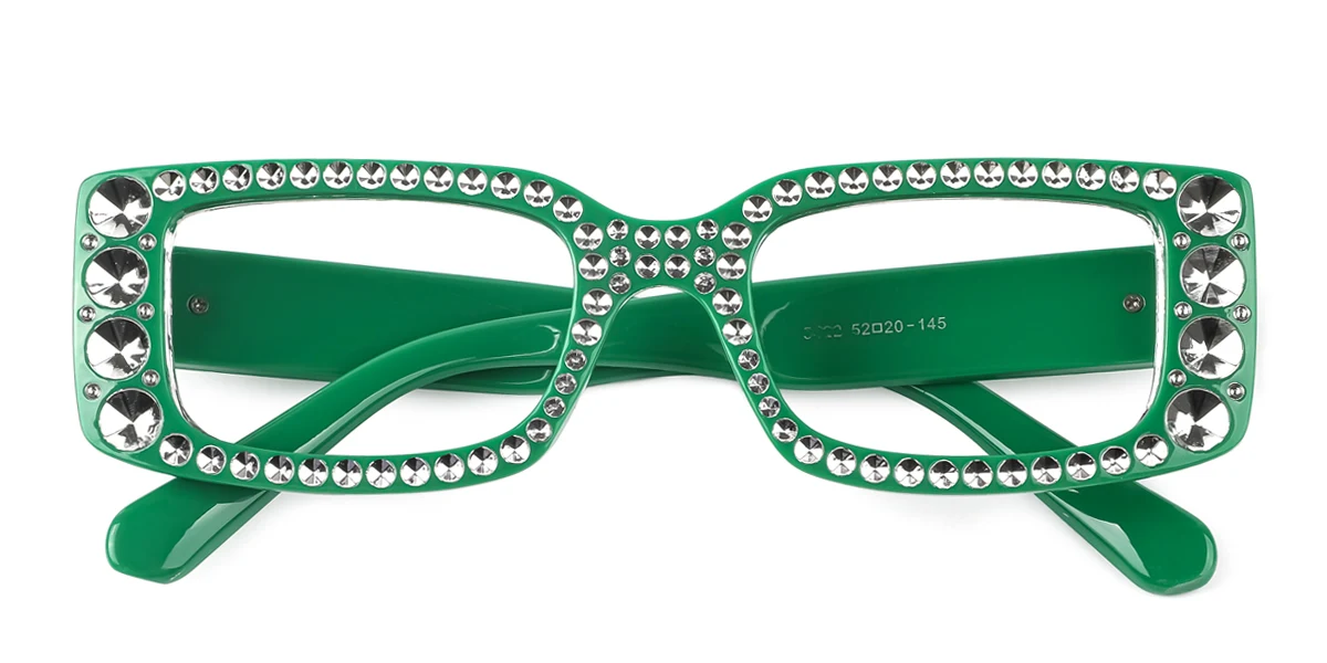 Green Rectangle Gorgeous Rhinestone Custom Engraving Eyeglasses | WhereLight