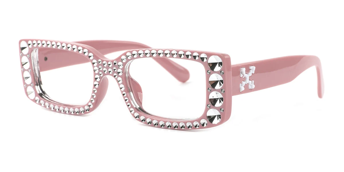 Pink Rectangle Gorgeous Rhinestone Custom Engraving Eyeglasses | WhereLight