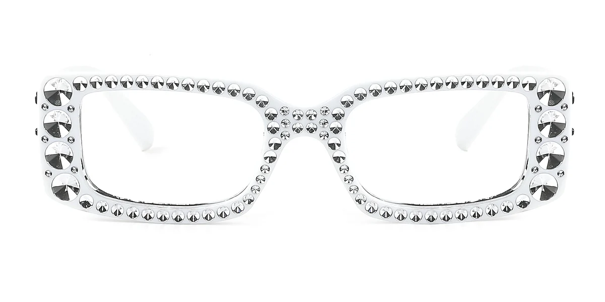 White Rectangle Gorgeous Rhinestone Custom Engraving Eyeglasses | WhereLight