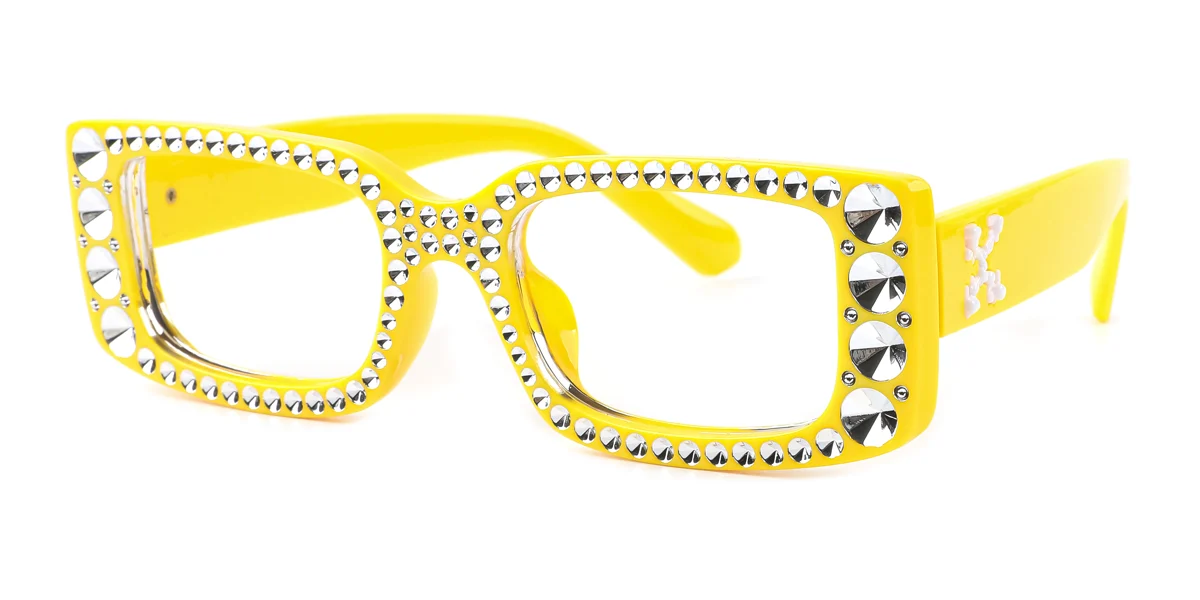 Yellow Rectangle Gorgeous Rhinestone Custom Engraving Eyeglasses | WhereLight