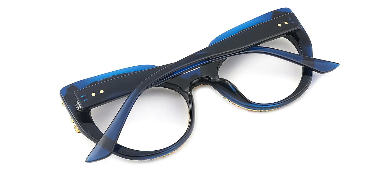 Blue Cateye Oval Unique Gorgeous Rhinestone Custom Engraving Eyeglasses | WhereLight
