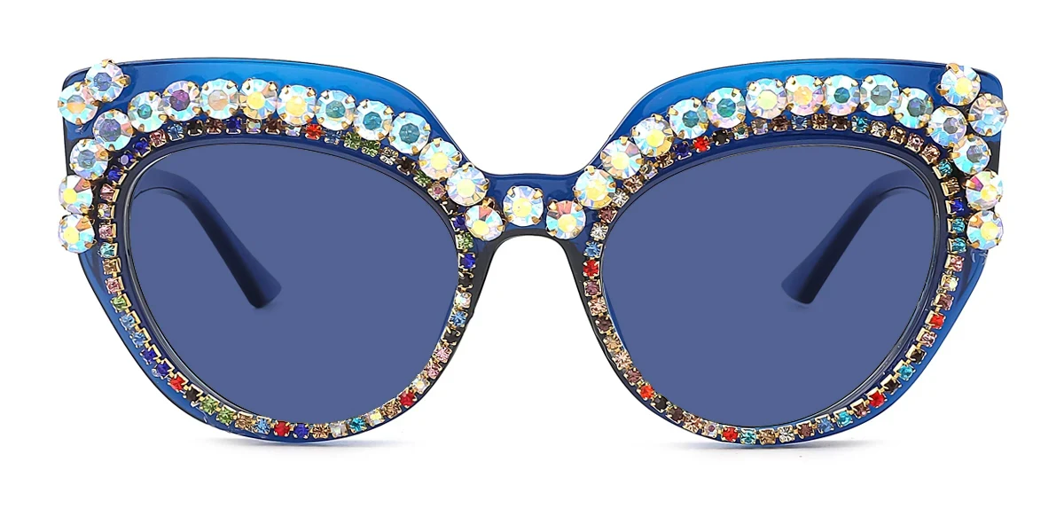 Blue Cateye Oval Unique Gorgeous Rhinestone Custom Engraving Eyeglasses | WhereLight
