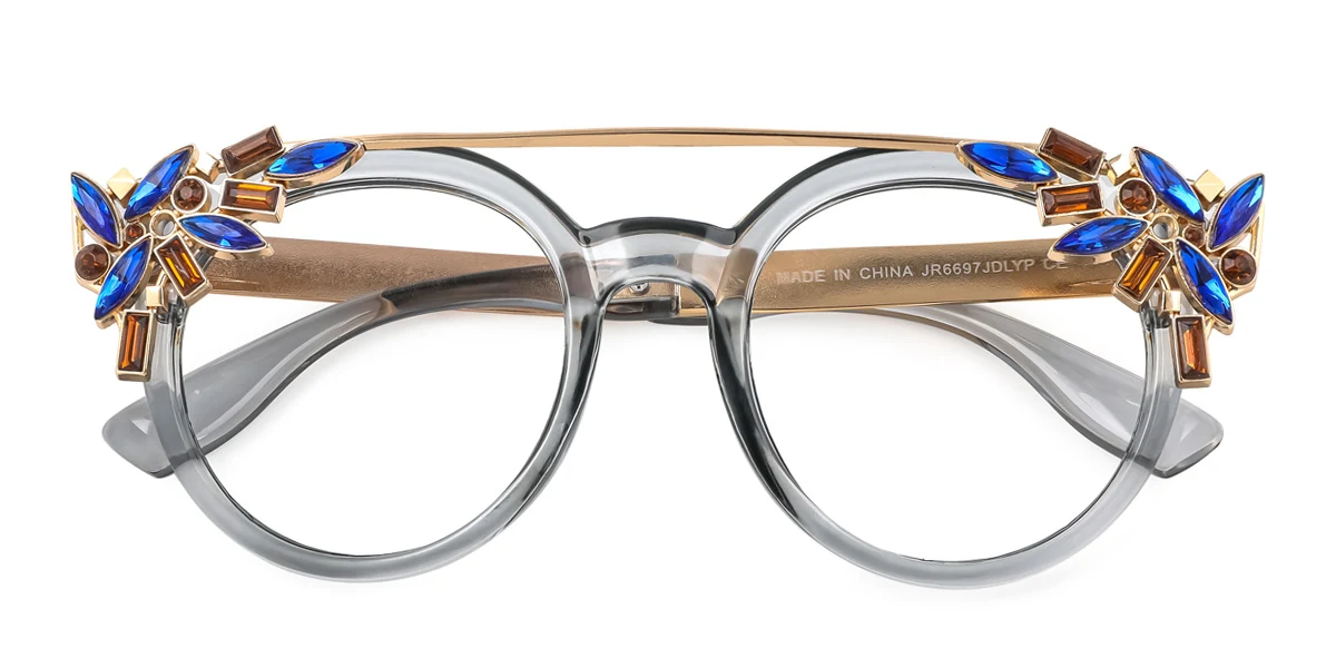 Grey Cateye Round Oval Unique Gorgeous Rhinestone Custom Engraving Eyeglasses | WhereLight
