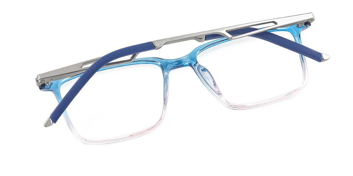 Blue Rectangle Simple Classic Retro Spring Hinges Eyeglasses | WhereLight